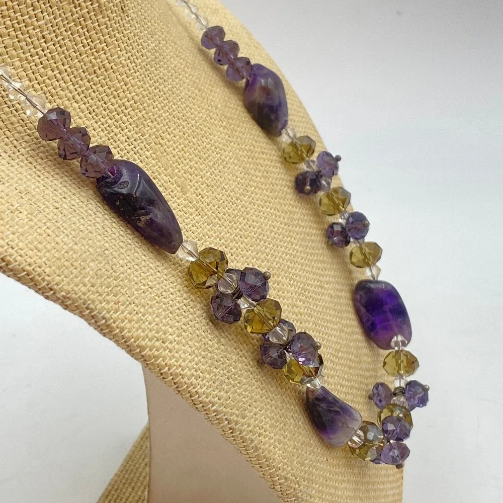 Amethyst Purple Stone and Faceted Glass Bead Adjustable Necklace Eclectic Style